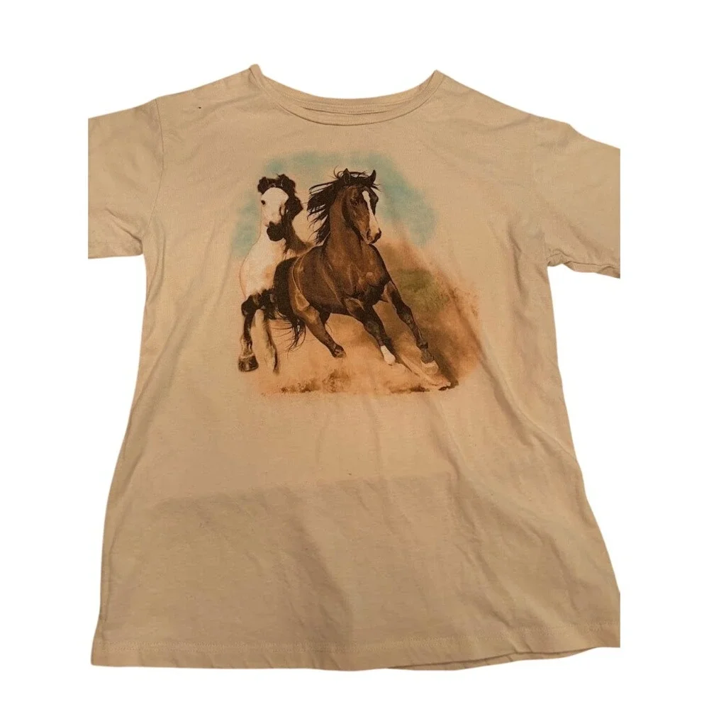 Wonder Nation Kids Tan Horse Graphic T-Shirt Short Sleeve Size L 10/12 V44